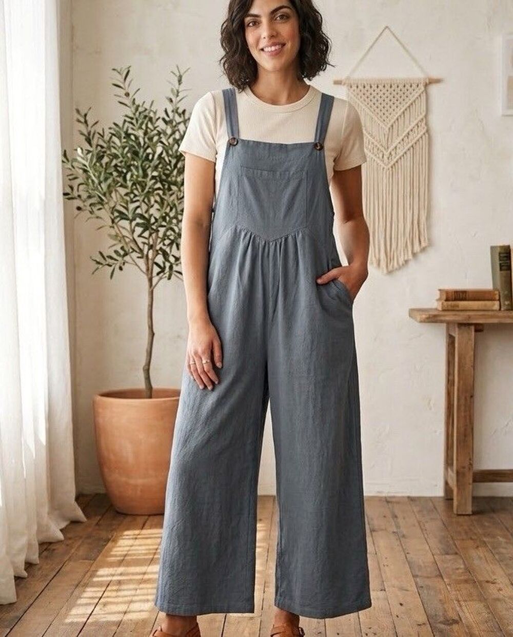 Boutique Slate Gray Cotton Linen Wide Leg Bib Overalls Jumpsuit Romper Large